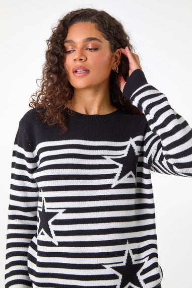 Roman Black Star Stripe Crew Neck Knit Jumper