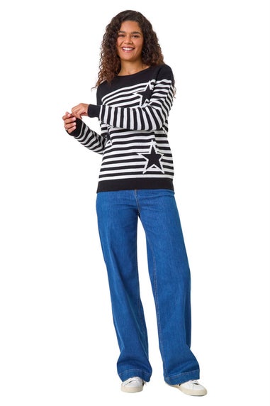 Roman Black Star Stripe Crew Neck Knit Jumper