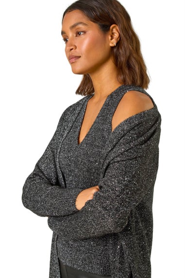 Roman Black Sequin Embellished Knit Cardigan