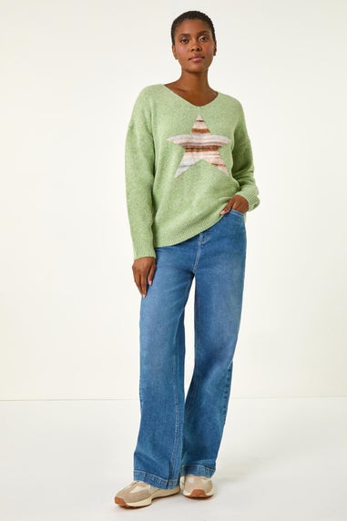 Roman Soft Green Soft V-Neck Star Jumper