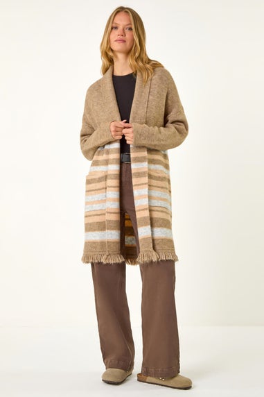 Roman Natural Stripe Print Knit Longline Cardigan