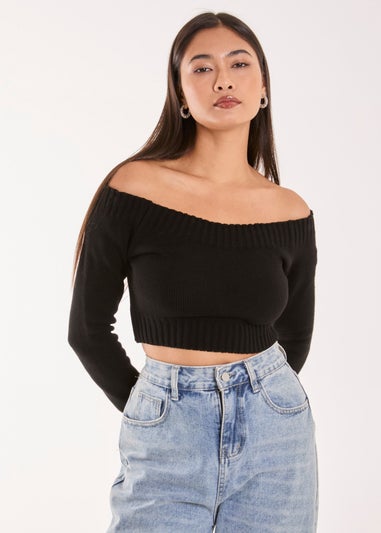 Pink Vanilla Black Off Shoulder Crop Knit Top