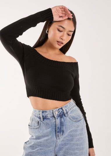 Pink Vanilla Black Off Shoulder Crop Knit Top