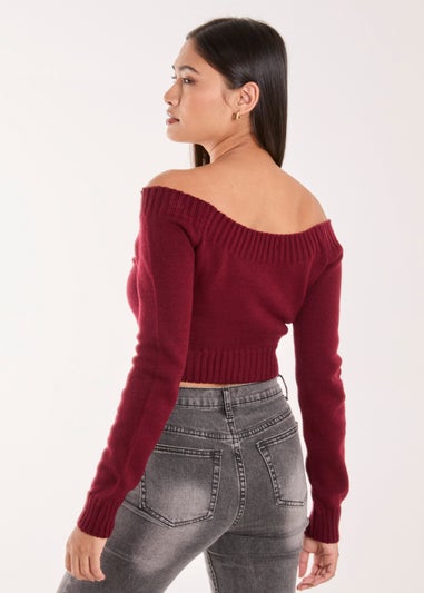 Pink Vanilla Red Off Shoulder Crop Knit Top