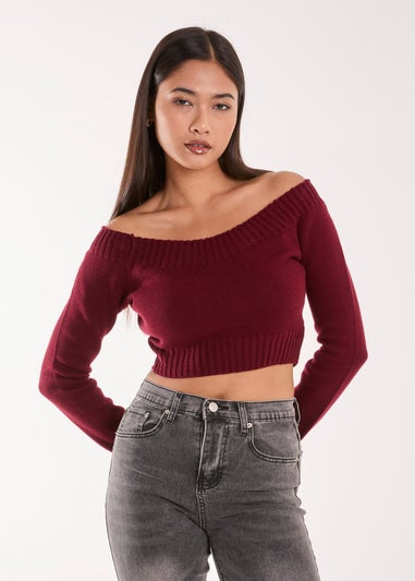 Pink Vanilla Red Off Shoulder Crop Knit Top