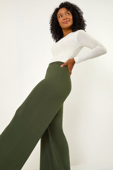 Roman Khaki Petite Elastic Waist Wide Leg Stretch Trouser