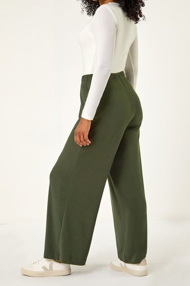 Roman Khaki Petite Elastic Waist Wide Leg Stretch Trouser