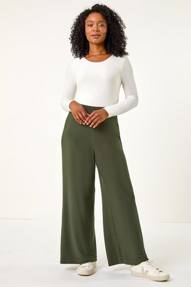 Roman Khaki Petite Elastic Waist Wide Leg Stretch Trouser