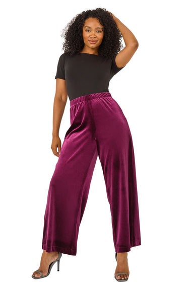 Roman Plum Petite Wide Leg Velvet Stretch Trouser