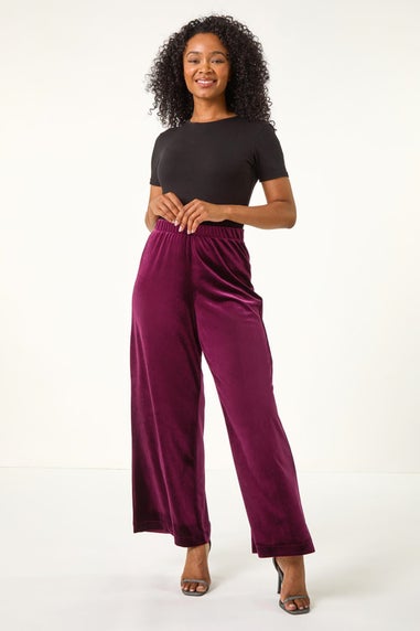 Roman Plum Petite Wide Leg Velvet Stretch Trouser