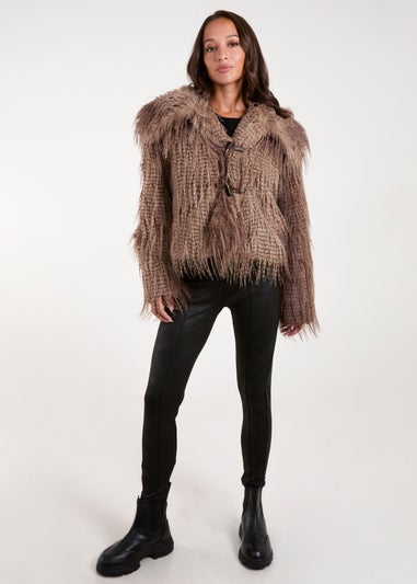 Blue Vanilla Brown Toggle Detail Faux Fur Coat