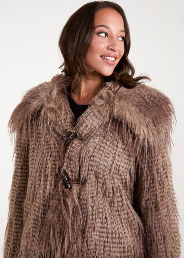 Blue Vanilla Brown Toggle Detail Faux Fur Coat