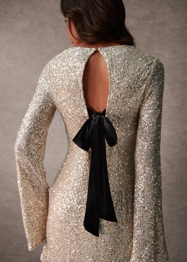 Blue Vanilla Champagne Luxe Bow Back Sequin Shift Dress