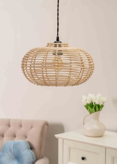 ValueLights Romy Wood Rattan Natural Oval Ceiling Pendant Shade (20cm x 35cm x 35cm)