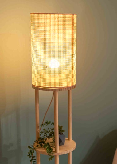 ValueLights Elsa Oak Effect Natural Floor Lamp with Natural Drum Shade