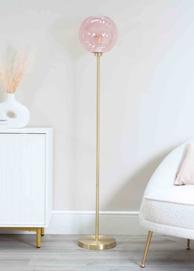 ValueLights Frenchie  Gold Floor Lamp with Pink Globe Shade (150cm x 25cm x 25cm)