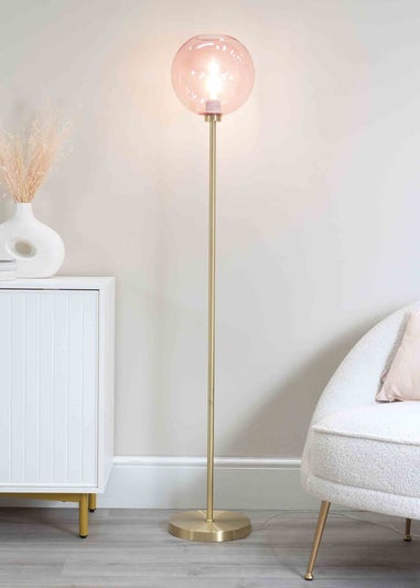 ValueLights Frenchie  Gold Floor Lamp with Pink Globe Shade (150cm x 25cm x 25cm)