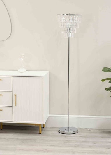 ValueLights Kelsks Chrome Floor Lamp with White Tiered Shade (150.5cm x 30cm x 30cm)