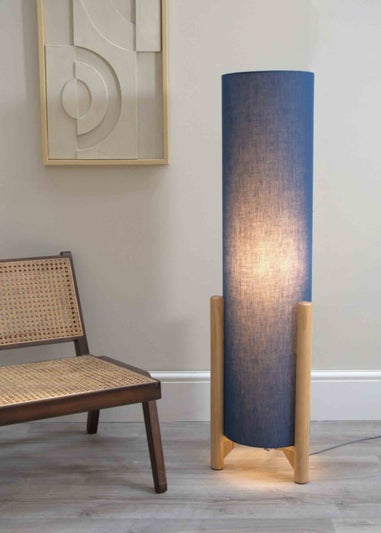 ValueLights Henry Oak Effect Navy Floor Lamp with XL Drum Shade