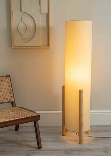 ValueLights Henry Oak Effect Natural Floor Lamp with XL Drum Shade