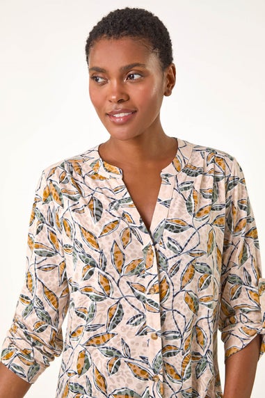 Roman Natural Button Detail Leaf Print Blouse