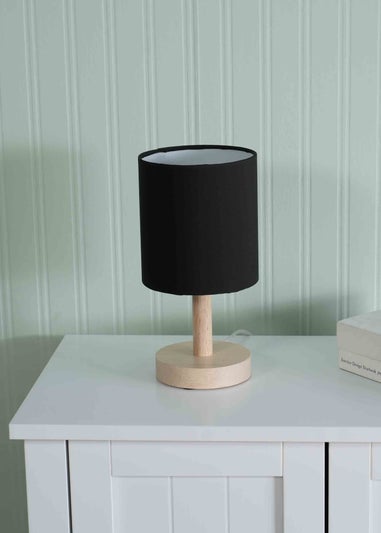 ValueLights Pair of Oak Natural Table Lamp with Black Drum Shade