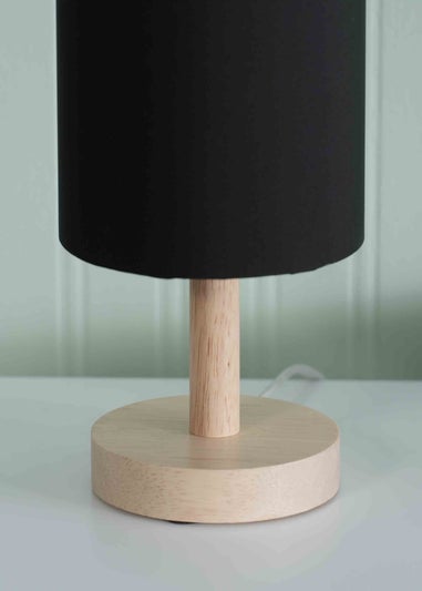 ValueLights Pair of Oak Natural Table Lamp with Black Drum Shade