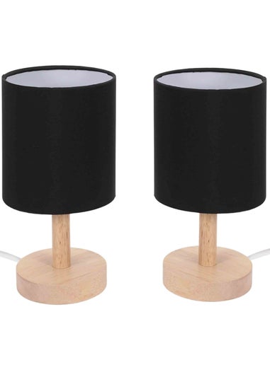 ValueLights Pair of Oak Natural Table Lamp with Black Drum Shade