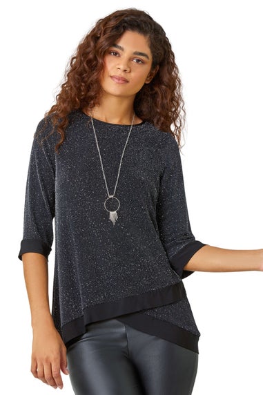 Roman Black Necklace Trim Shimmer Top