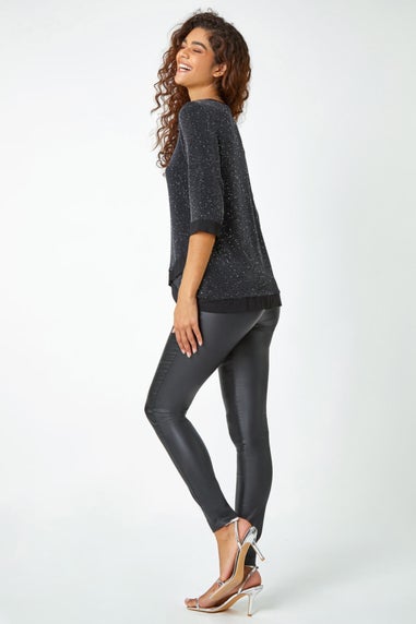 Roman Black Necklace Trim Shimmer Top