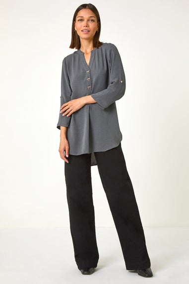 Roman Grey Longline Bow Button Woven Top