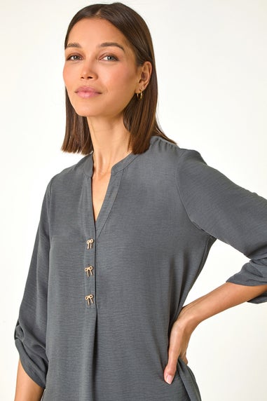 Roman Grey Longline Bow Button Woven Top