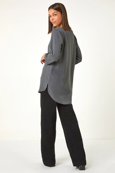 Roman Grey Longline Bow Button Woven Top