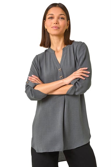 Roman Grey Longline Bow Button Woven Top