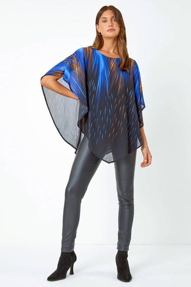 Roman Blue Abstract Stretch Chiffon Overlay Top