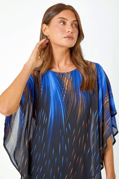 Roman Blue Abstract Stretch Chiffon Overlay Top