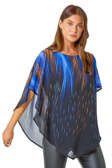 Roman Blue Abstract Stretch Chiffon Overlay Top