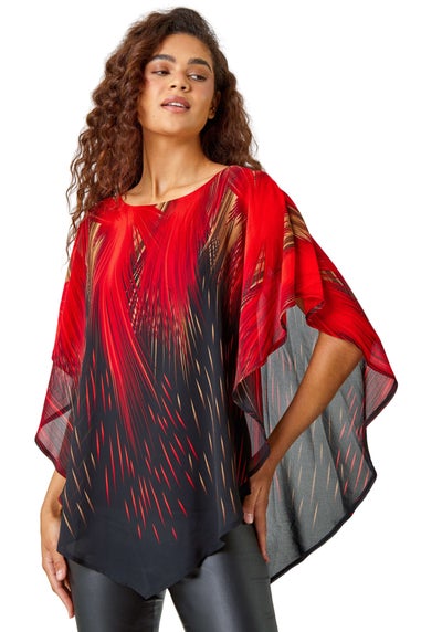 Roman Red Abstract Print Chiffon Overlay Stretch Top