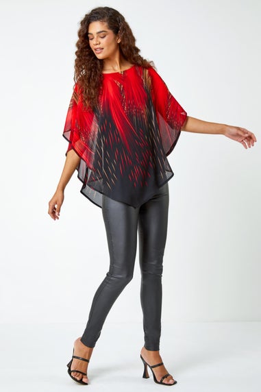 Roman Red Abstract Print Chiffon Overlay Stretch Top