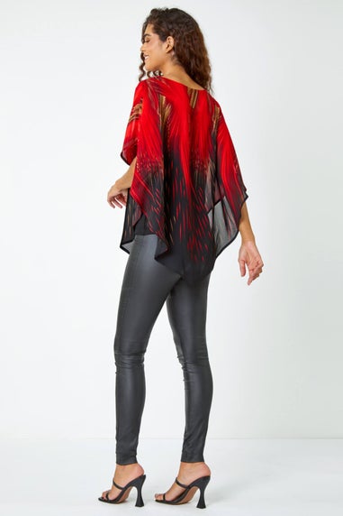 Roman Red Abstract Print Chiffon Overlay Stretch Top