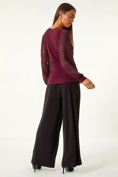 Roman Burgundy Petite Jacquard Contrast V-Neck Wrap Top