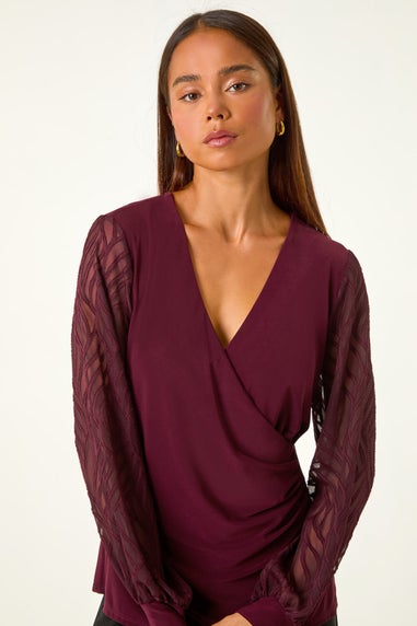 Roman Burgundy Petite Jacquard Contrast V-Neck Wrap Top