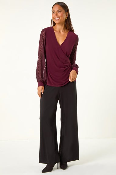 Roman Burgundy Petite Jacquard Contrast V-Neck Wrap Top