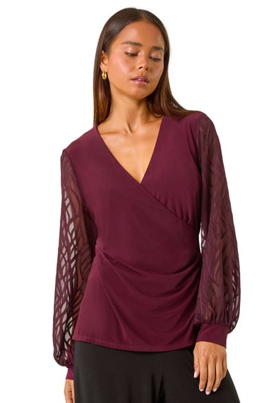 Roman Burgundy Petite Jacquard Contrast V-Neck Wrap Top