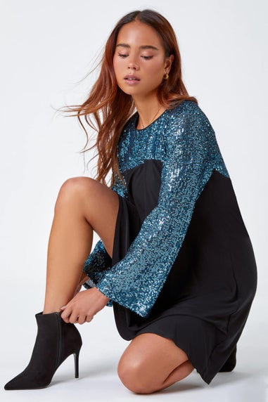 Roman Blue Petite Sequin Shift Stretch Dress