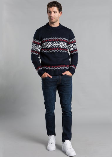 Tokyo Laundry Navy Crew Neck Jumper with Jacquard Print