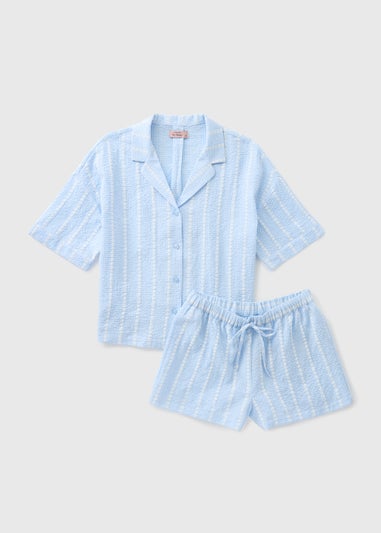 Blue Textured Stripe Short Pyjama Set