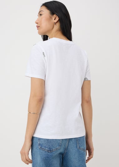 White Embroidered Leaf Print T-Shirt