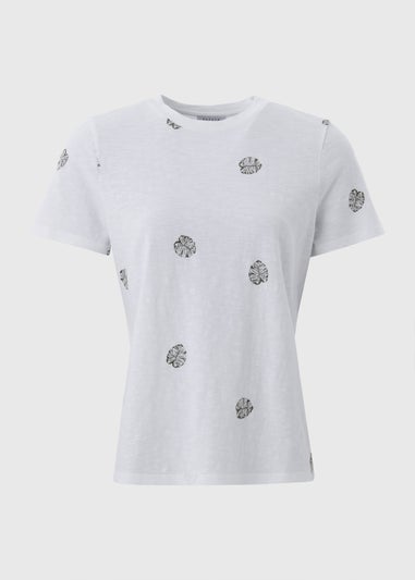 White Embroidered Leaf Print T-Shirt