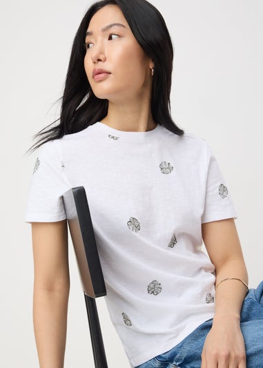 White Embroidered Leaf Print T-Shirt